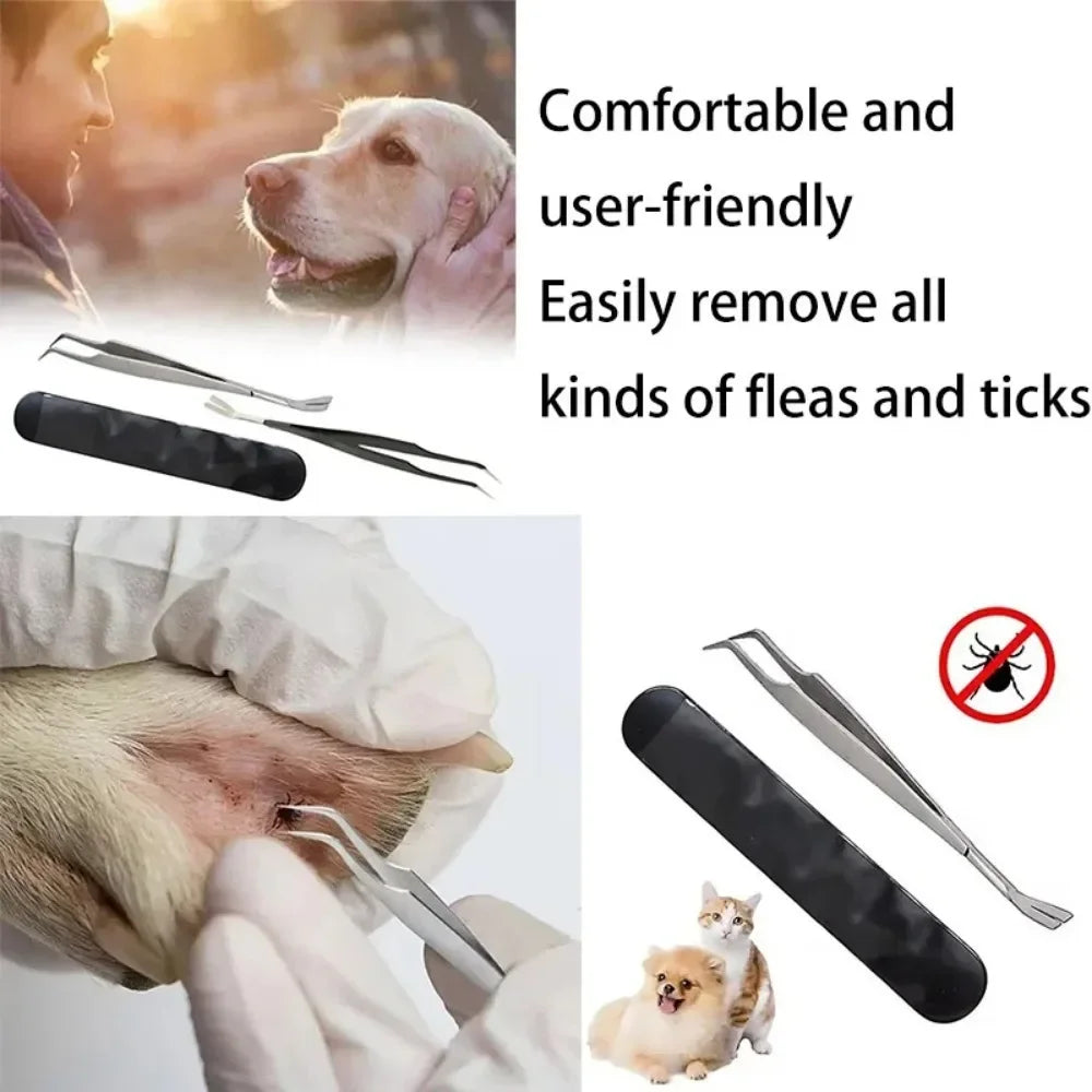 2-In-1 Stainless Steel Pet Dog Louse Flea Tweezers Safe Cat Dog Lice Flea Remover Cleaning Tool Tick Tweezers Durable Easy Use
